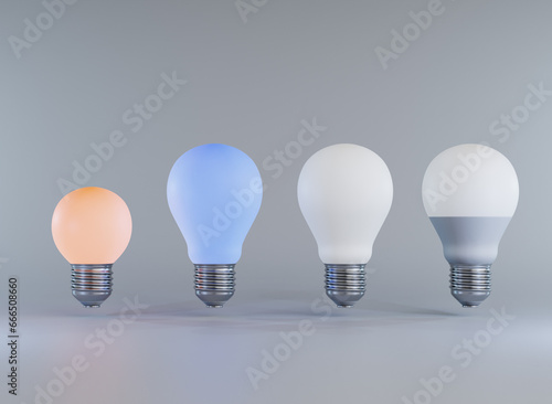3D lightbulbs, energy power consumption concept.Realistic illuminating elements on white background. 3D Rendering illustration
