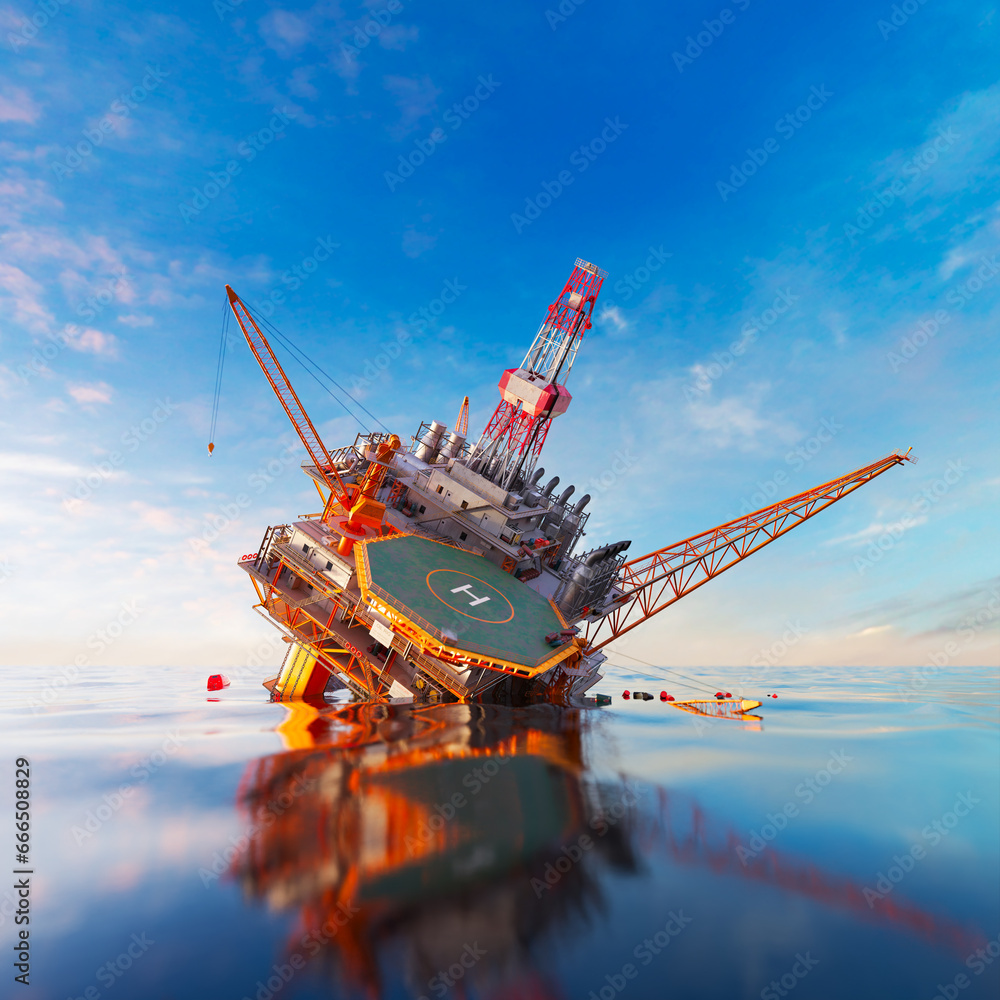 Sinking oil rig accident. Collapsed offshore oil platform. Lifeboats on the sea.