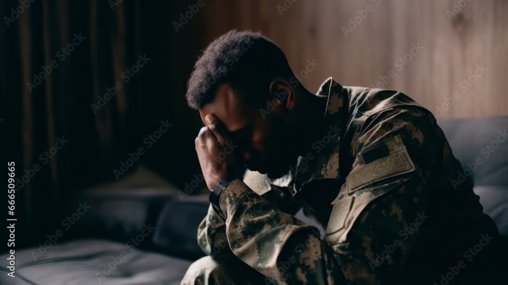Fototapeta premium An American soldier with ptsd sits sad