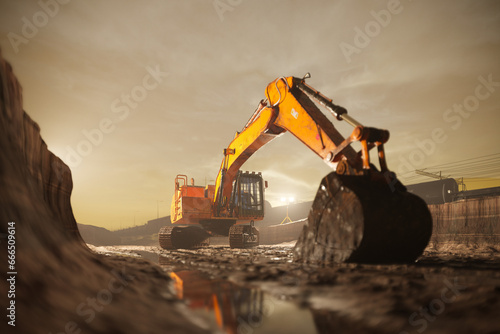 Crawler excavator machine with a lowered shovel on the construction site.
