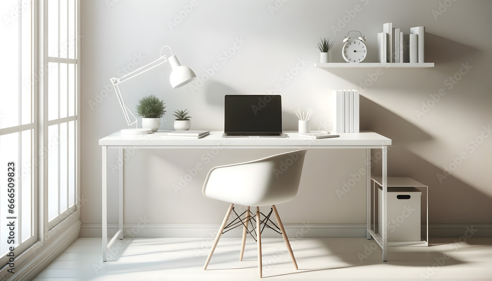 A Scandinavian-inspired office setting without individuals, accentuating light white furniture, pristine white walls, minimalist decor, and a few strategically placed potted plants