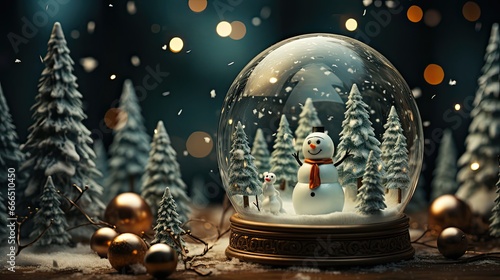 Christmas tree and snowman in snow globe. Christmas snow globe. Generative AI © tanyastock