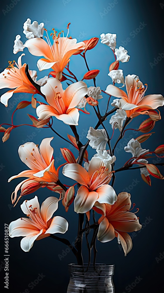 Blooming orange lily stem on background. Floral flower illustration. Generative AI Blooming orange lily stem on background. Floral flower illustration. Generative AI