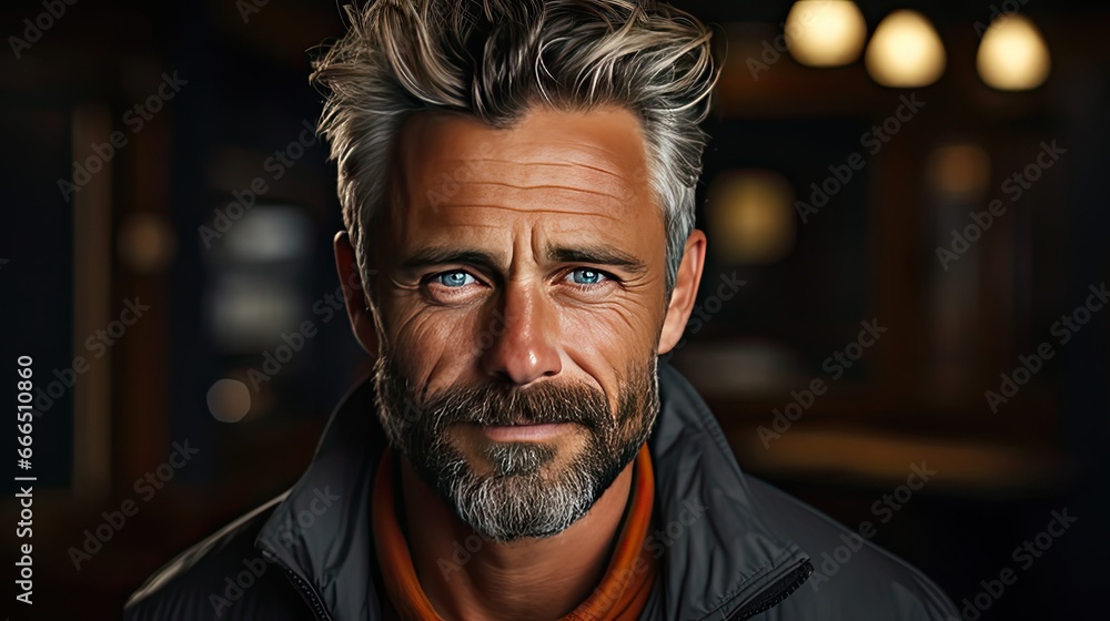 Fototapeta premium Portrait Of A Mature Man Smiling At The Camera. on white. Left side. Man face portrait illustration. Generative AI