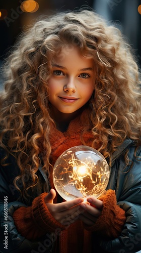 Girl in knitted pullover holding snow globe. Christmas snow globe. Generative AI