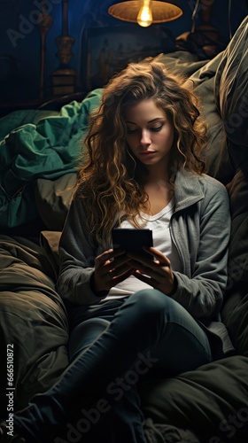 Sleepy exhausted woman lying in bed using smartphone, can not sleep. Insomnia, addiction concept. Sad girl bored in bed scrolling through social networks on mobile phon. Generative AI
