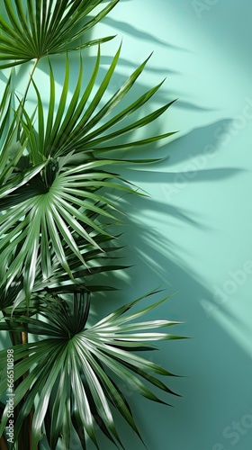 Top view of green tropical leaf shadow on sand color background. Flat lay. Minimal summer concept with palm tree leaf. Creative copyspace. Background with shadow. Generative AI