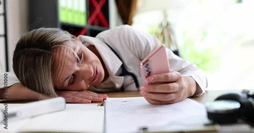 A tired woman doctor looks at a smartphone, close-up, slowmotion. Concept of chronic fatigue syndrome A tired woman doctor looks at a smartphone, close-up, slowmotion. Concept of chronic fatigue syndrome