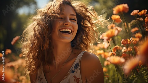 Young woman with curly hair laughing while standing outside in a park on a sunny summer afternoon. Smile emotion illustration. Generative AI