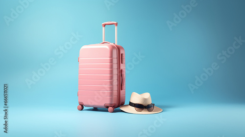 Pink suitcase with sunglasses hat and camera on pastel background