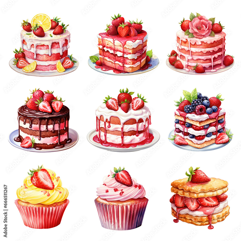Watercolor strawberry cheesecake elements set. Set of clipart dessert elements. Strawberry cheesecake illustration. Watercolor strawberry cheesecake elements set. Set of clipart dessert elements. Strawberry cheesecake illustration.