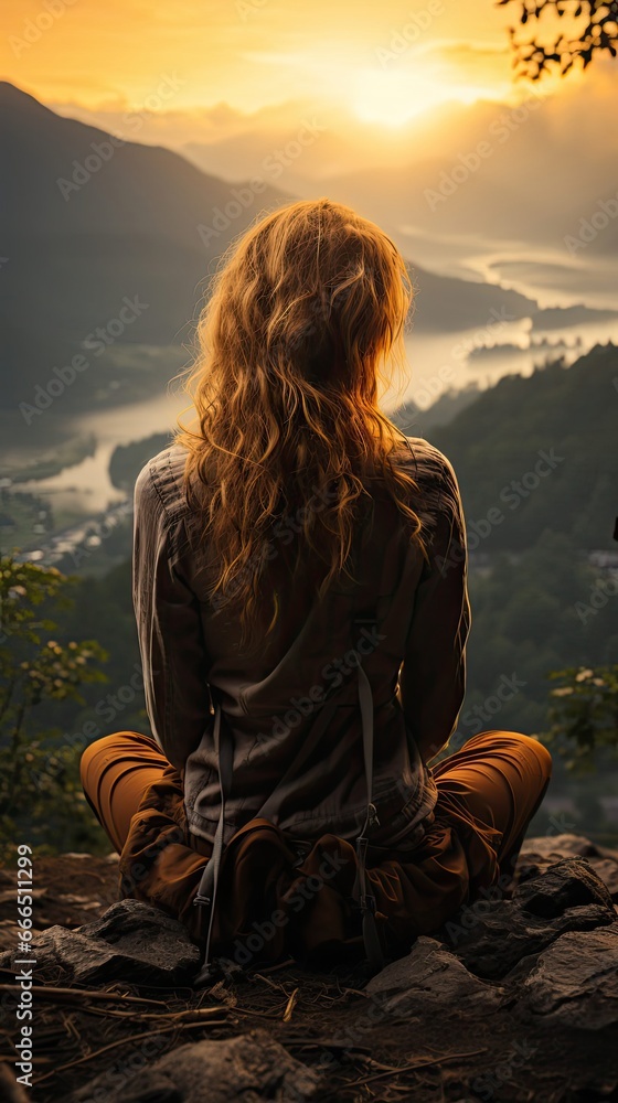 Silhouette woman sitting on mountain in morning and vintage filter. Sad emotion illustration. Generative AI