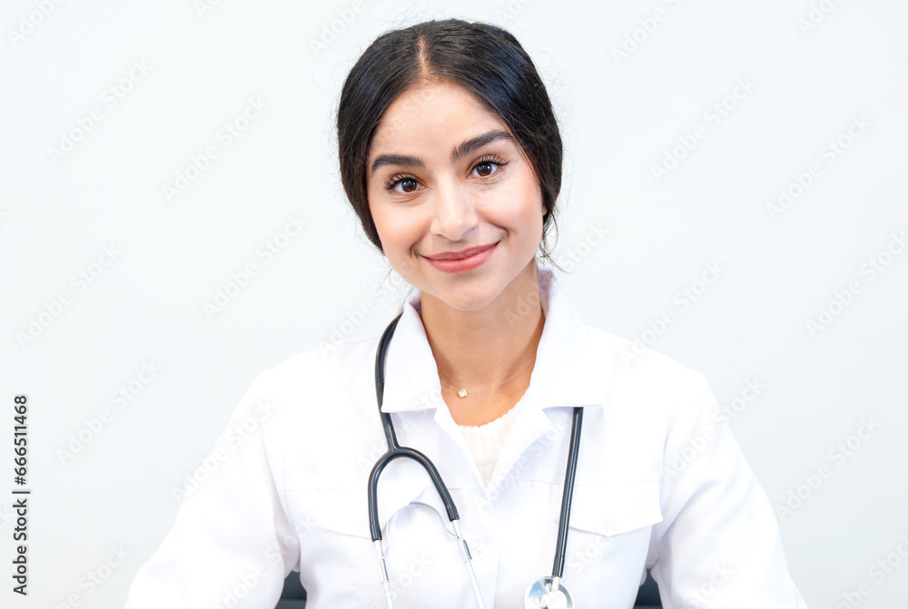 Pretty indian woman GP doctor avatar portrait of medical staff on white background Pretty indian woman GP doctor avatar portrait of medical staff on white background