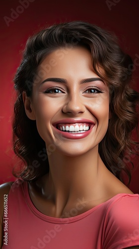 Close up of beautiful woman smiling with teeth. Dental care illustration. Generative AI