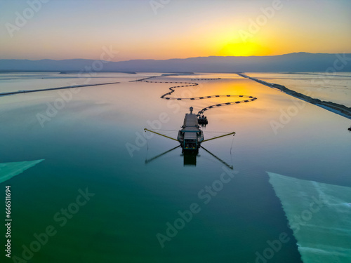 Drone photo of the Dead Sea, Israel, salty coast, Hotels and Spa centers in Ein Bokek area. Climatotherapy on Psoriasis