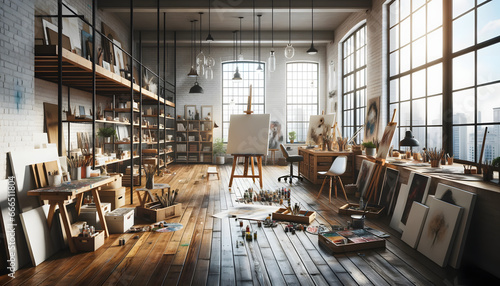 An artist's loft office, devoid of individuals, highlighting polished wooden floors, scattered canvases, an easel bearing a work in progress, and shelves laden with art supplies. 
