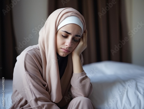 A young woman sat sadly in her pajamas on her bed