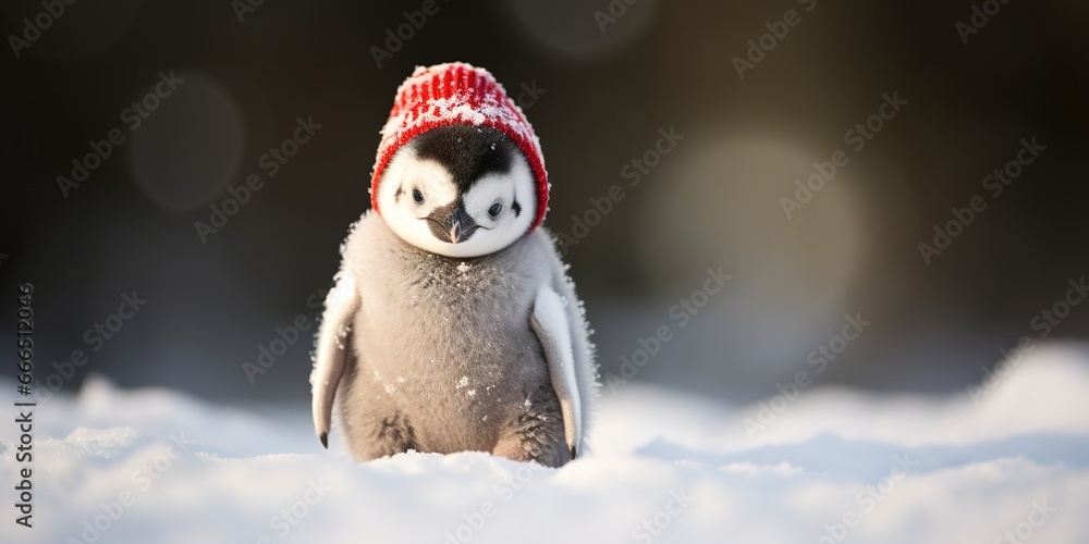 Obraz premium A baby penguin waddling in the snow, its tiny head adorned with a red Christmas hat