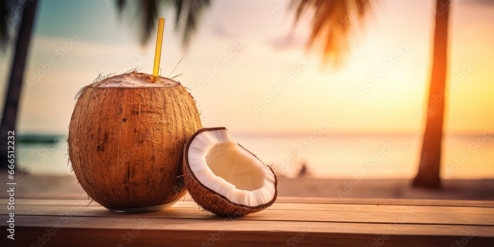 A coconut drink on a beach table, complete with a tiny umbrella, with the sunset creating a golden hue in the background, copy space