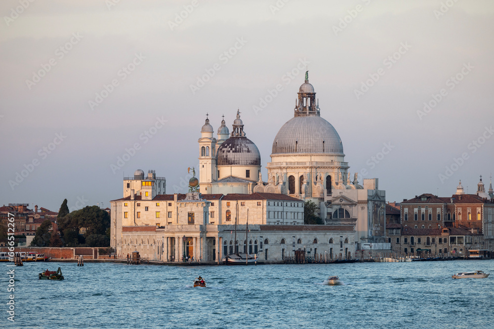 Baroque church Santa Maria della Salute at the Grand Canal and dawn, Venice, Italy