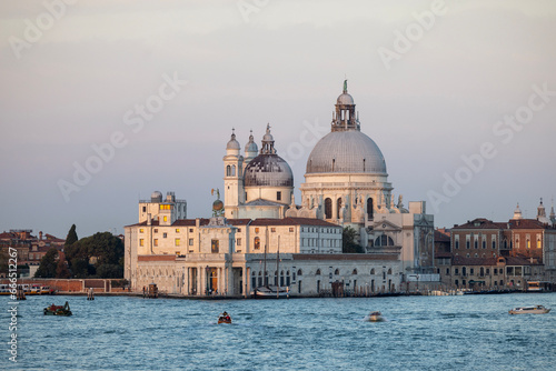 Baroque church Santa Maria della Salute at the Grand Canal and dawn, Venice, Italy