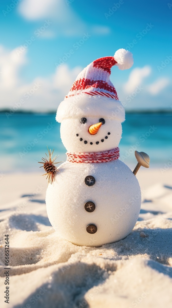 A sandy snowman built on the beach, adorned with seashell buttons and coral arms, wearing a Santa hat, with the clear blue ocean waves gently rolling in the background, copy space A sandy snowman built on the beach, adorned with seashell buttons and coral arms, wearing a Santa hat, with the clear blue ocean waves gently rolling in the background, copy space