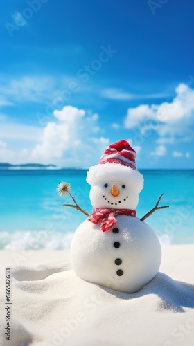 A sandy snowman built on the beach  adorned with seashell buttons and coral arms  wearing a Santa hat  with the clear blue ocean waves gently rolling in the background  copy space