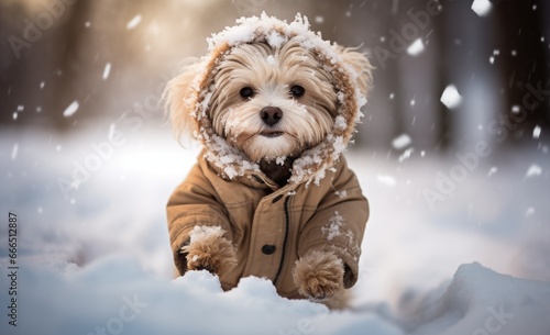 A canine in a snowy costume gleefully romps in the winter wonderland, embodying the spirit of the season photo