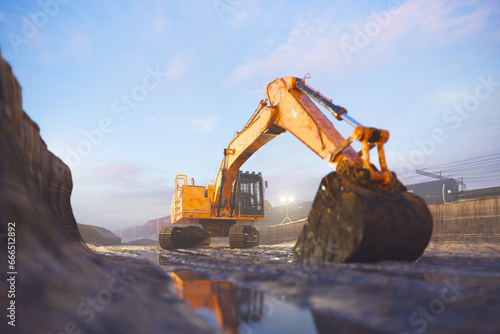 Crawler excavator machine with a lowered shovel on the construction site.