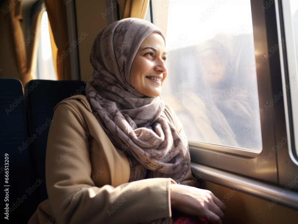The old woman sat on the train looking out of the window The old woman sat on the train looking out of the window