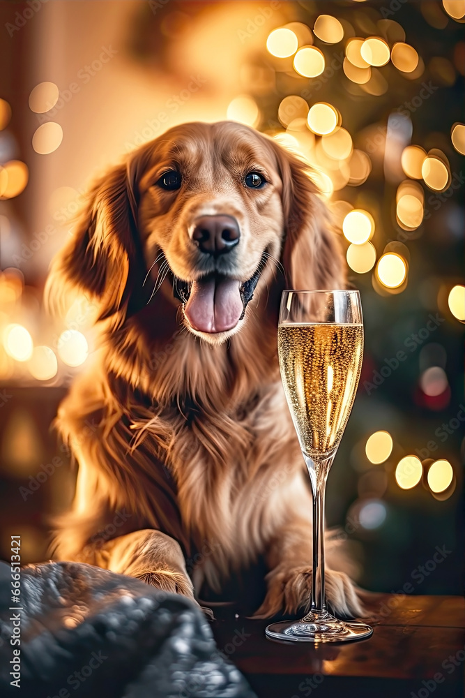 Cute funny dog with holiday Christmas lights on background. Adorable golden retriever dog with a glass of champagne celebrating the new year - obrazy, fototapety, plakaty 