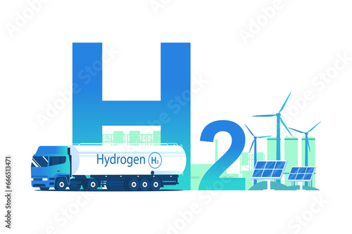 The concept of using and transporting hydrogen as an energy source. Truck with tank, hydrogen liquefaction plant, solar panels and wind turbines. Vector illustration.