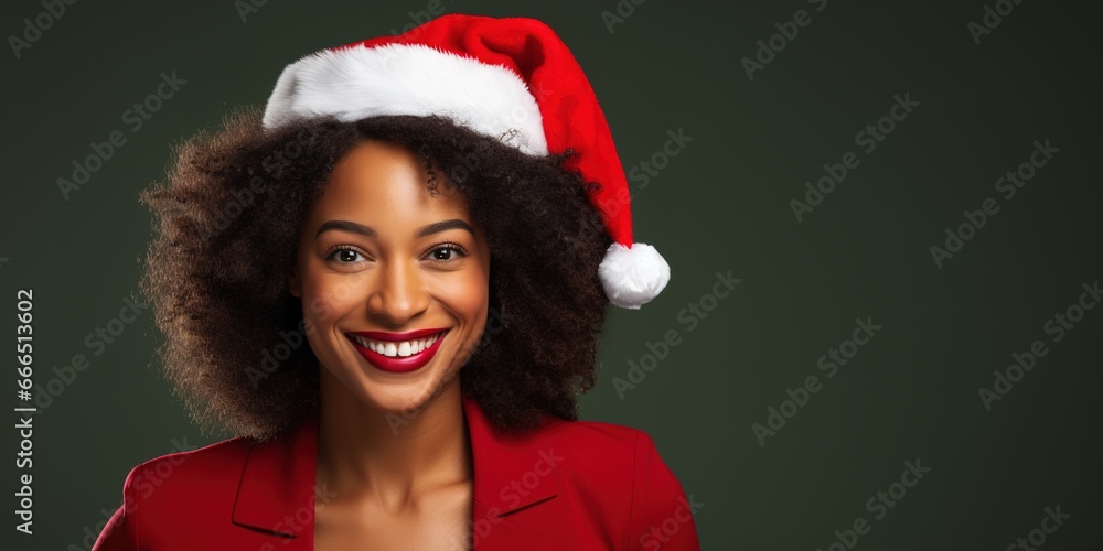Portrait of a afro American businesswoman wearing a Christmas hat on studio background Portrait of a afro American businesswoman wearing a Christmas hat on studio background