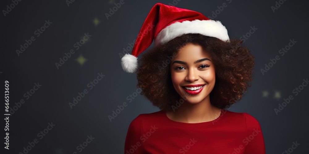 Portrait of a afro American businesswoman wearing a Christmas hat on studio background Portrait of a afro American businesswoman wearing a Christmas hat on studio background