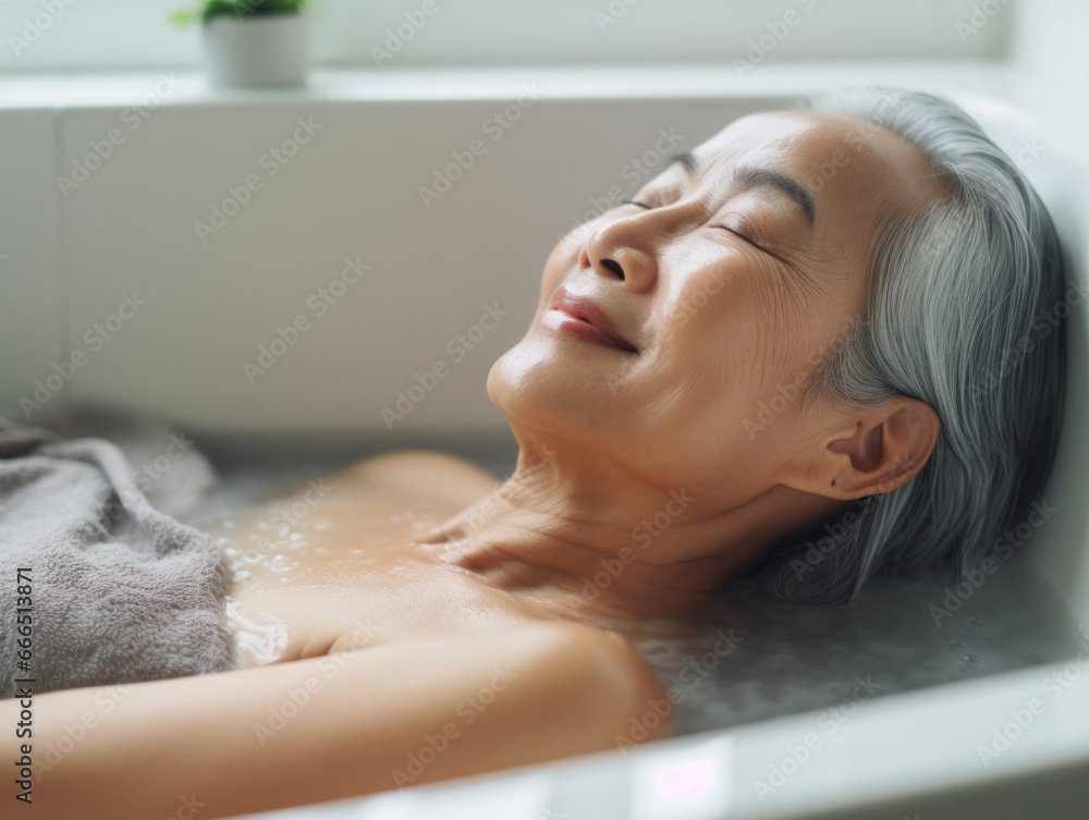 Naklejka premium smiling senior woman in bath 