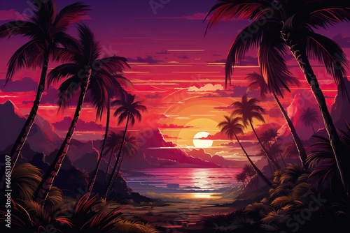 Beautiful sunset against the backdrop of the silhouette of tall palm trees on the sea beach. Vintage tone. Generated by artificial intelligence
