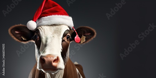 Portrait of a cow wearing a christmas hat on studio background, copy space