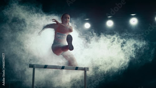 Strong Female Athlete is Running Towards an Obstacle, Jumping Over the Barrier at High Speed while Sprinting. Cinematic Dark Studio Sports Footage with Super Slow Motion Speed Ramp and Smoke Effects photo