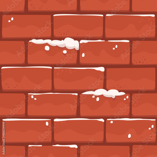Christmas Brick Wall Covered in Snow, Seamless Square Background. Cartoon Orange Building Blocks Vector Texture