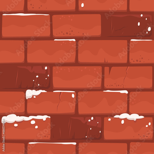 Cracked Christmas Brick Wall, Orange Cartoon Bricks Covered With Snow. Building Blocks Vector Texture, UI Game Asset, Print.
