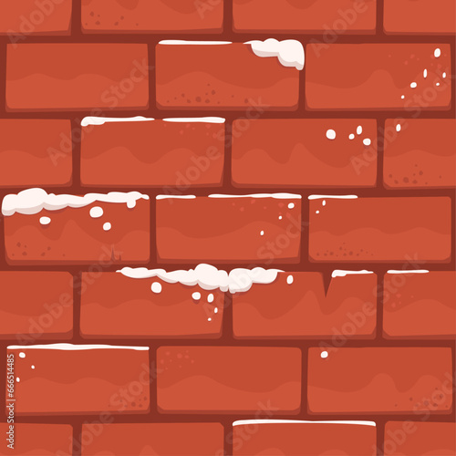 Christmas Brick Wall Covered in Snow, Seamless Vector Background. Festive Cartoon Building Blocks with Snow Texture, UI Game Asset