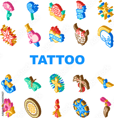 tattoo retro vintage icons set vector. heart, fashion rose, font old school, traditional flame, hand gothic, swallow tattoo retro vintage isometric sign illustrations