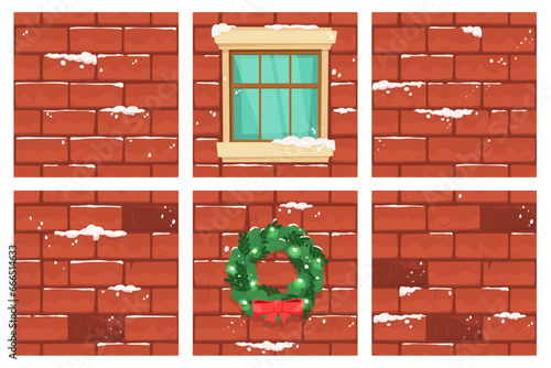 Christmas Cartoon Brick Wall Backgrounds Collection, Winter House Decorations Covered With Snow, Vector Seamless Textures