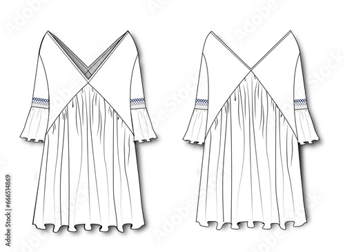 women boho pleated deep V neck half sleeve flowy mini dress technical drawing vector,fashion vector,cad