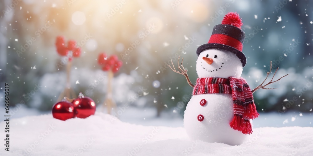 A snowman in a garden, donning a bright red Christmas hat