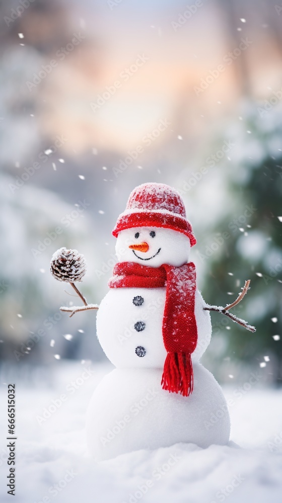 A snowman in a garden, donning a bright red Christmas hat