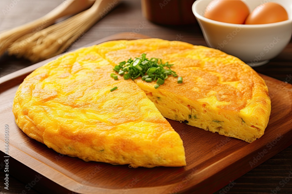 Omelette, perfectly prepared and presented on a welcoming breakfast table bathed in the gentle morning sunlight, setting the scene for a serene and delicious start to the day. Omelette, perfectly prepared and presented on a welcoming breakfast table bathed in the gentle morning sunlight, setting the scene for a serene and delicious start to the day.