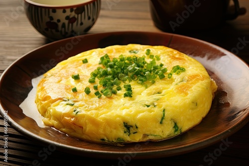 Omelette, perfectly prepared and presented on a welcoming breakfast table bathed in the gentle morning sunlight, setting the scene for a serene and delicious start to the day.