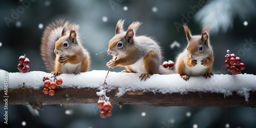 Three squirrels on a snowy branch