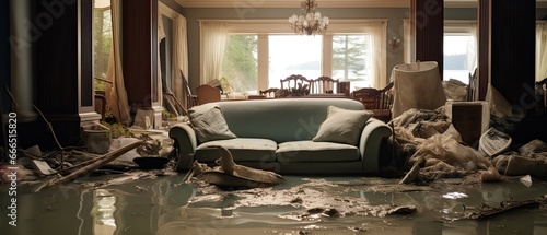 Tela Photograph a flooded living room, furniture floating and personal belongings sca